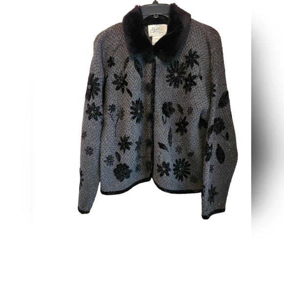Elana Carello charcoal knit jacket with embroidered black flowers. Faux fur trim - Picture 3 of 4